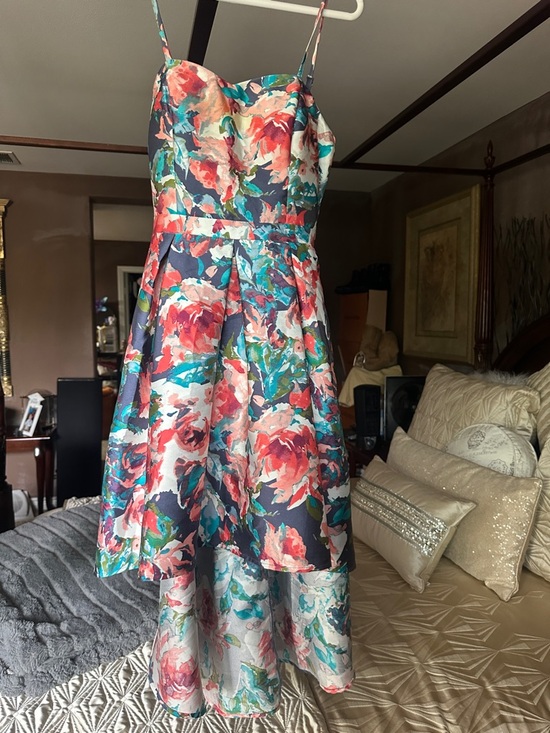 VENUS Dresses & Skirts - VENUS Navy Floral High-Low Spaghetti Strap Dress with Coral and Teal Accents